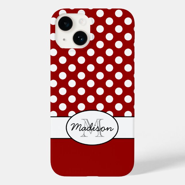 Cute Red White polka dots retro pattern Monogram Case-Mate iPhone Case (Back)