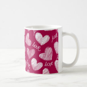 Cute Red White Scribbled Hearts with Love Script Coffee Mug