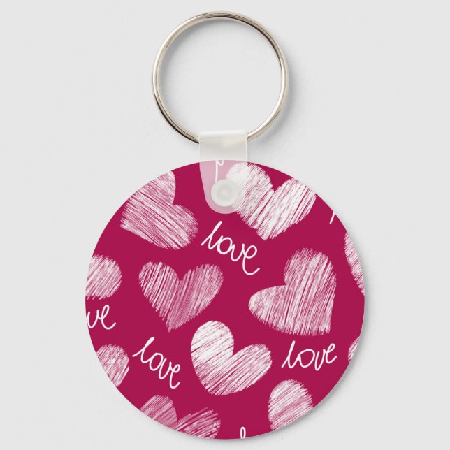 Cute Red White Scribbled Hearts with Love Script Keychain (Front)
