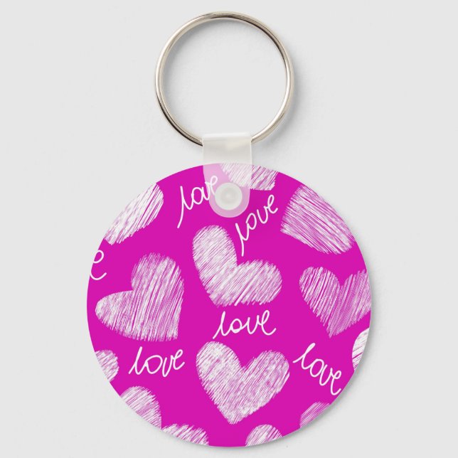 Cute Red White Scribbled Hearts with Love Script Keychain (Front)