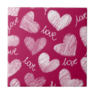 Cute Red White Scribbled Hearts with Love Script Tile