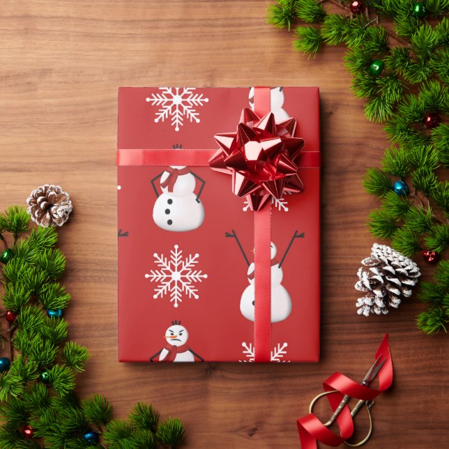 Cute Red White Snowflake Snowman Christmas Gift  Wrapping Paper (Holiday Gift)