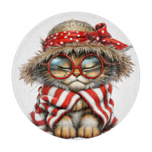 CUTE RED & WHITE SUMMER THEMED KITTY CAT CUTTING BOARD