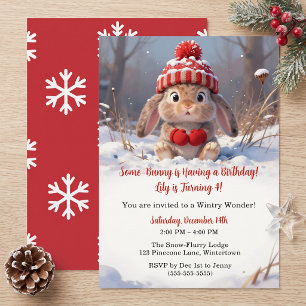 Cute Red Winter Some Bunny Girls 4th Birthday Invitation
