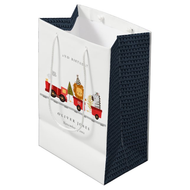 Cute Red Woodland Animal Train Any Age Birthday Medium Gift Bag (Front Angled)
