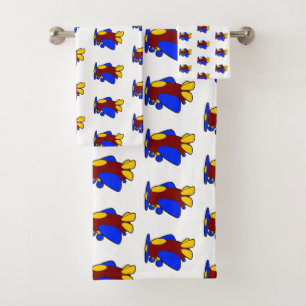 Cute Red Yellow Blue Airplane Cartoon for Kids Bath Towel Set
