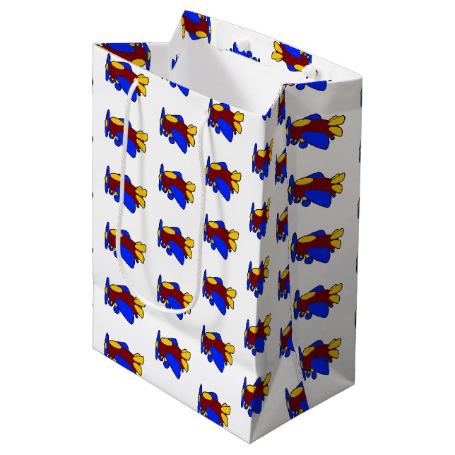 Cute Red Yellow Blue Airplane Cartoon for Kids Medium Gift Bag (Front Angled)