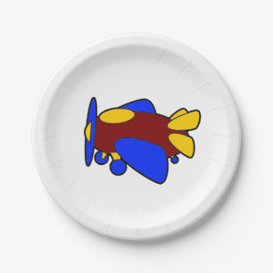Cute Red Yellow Blue Airplane Cartoon for Kids Paper Plate