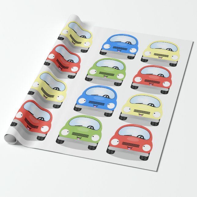 Cute red yellow green blue car cartoon pattern wrapping paper (Unrolled)