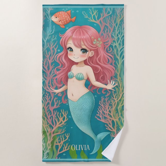 Cute Redhead Mermaid Kids Beach Towel (Front)