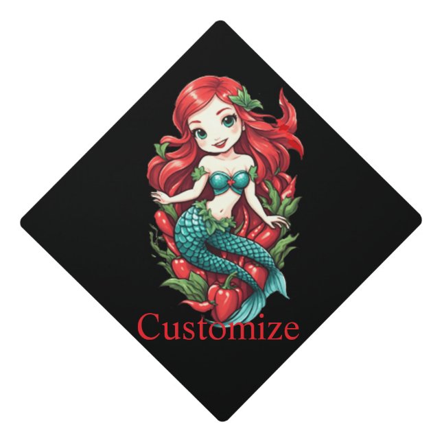 Cute Redheaded Two-tail Mermaid Thunder_Cove Graduation Cap Topper (Front)