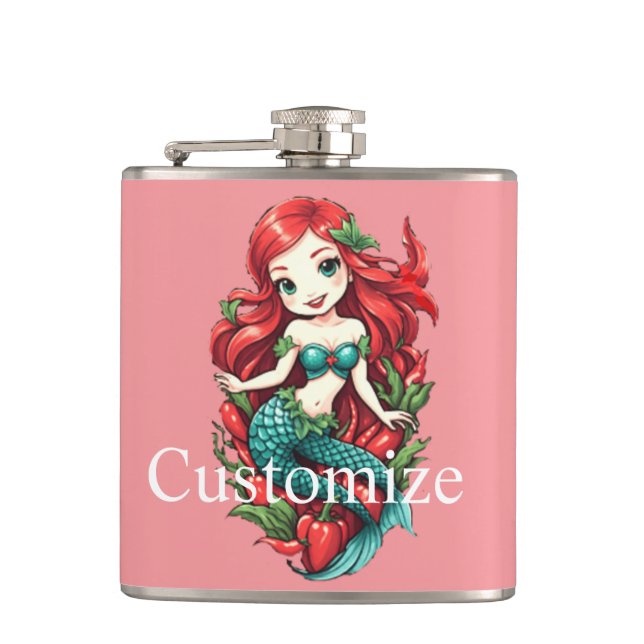 Cute Redheaded Two-tail Mermaid Thunder_Cove Hip Flask (Front)
