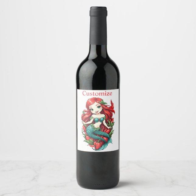 Cute Redheaded Two-tail Mermaid Thunder_Cove Wine Label (Front)