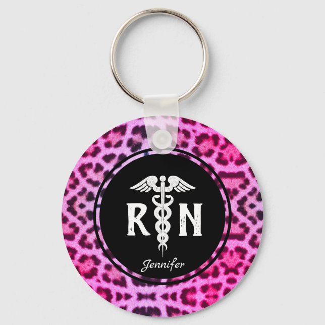 Cute Registered Nurse Caduceus Pink Leopard Custom Keychain (Front)
