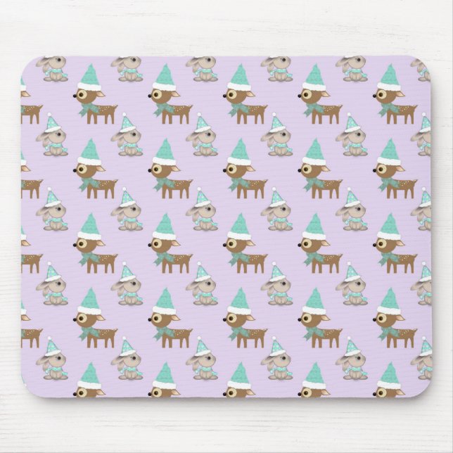 Cute Reindeer and Bunnies Holiday Art Pattern Mouse Pad (Front)