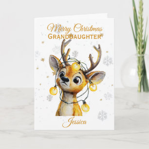 Cute Reindeer And Lights Granddaughter Christmas Holiday Card