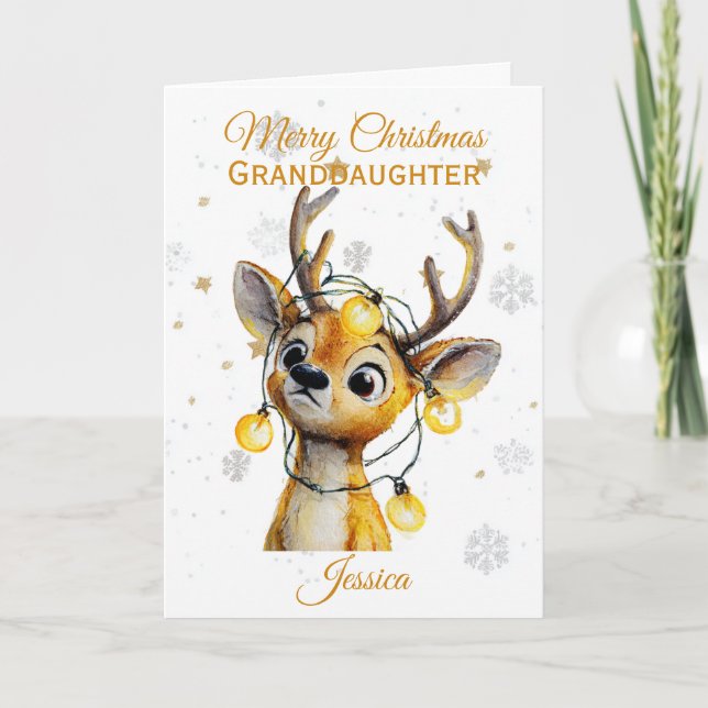 Cute Reindeer And Lights Granddaughter Christmas Holiday Card (Front)