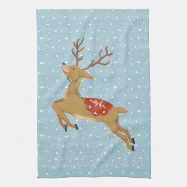 Cute Reindeer and Snowfall Kitchen Towel (Vertical)