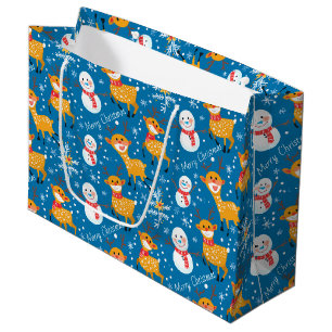 Cute Reindeer and Snowman Blue Large Gift Bag