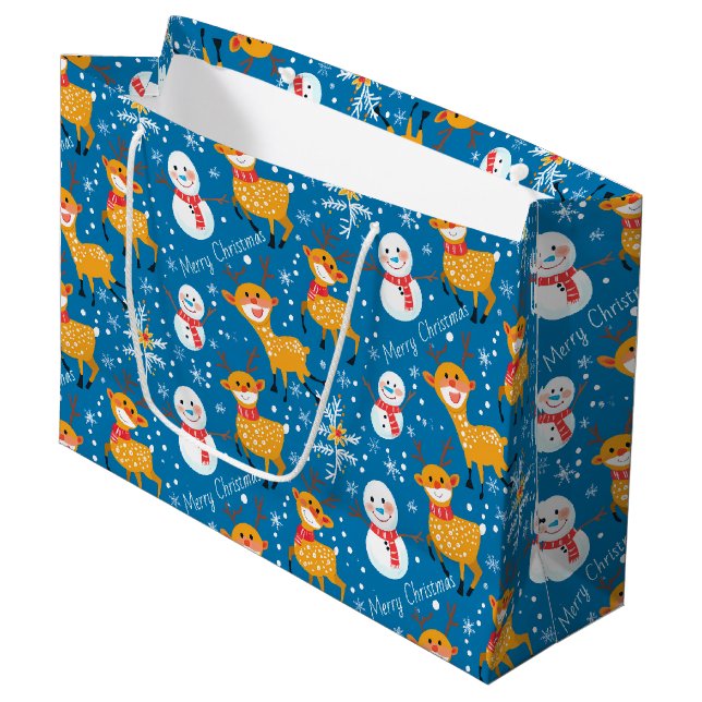 Cute Reindeer and Snowman Blue Large Gift Bag (Front Angled)