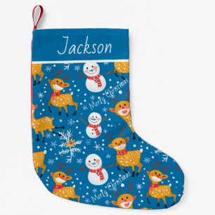 Cute Reindeer and Snowman Blue Small Christmas Stocking