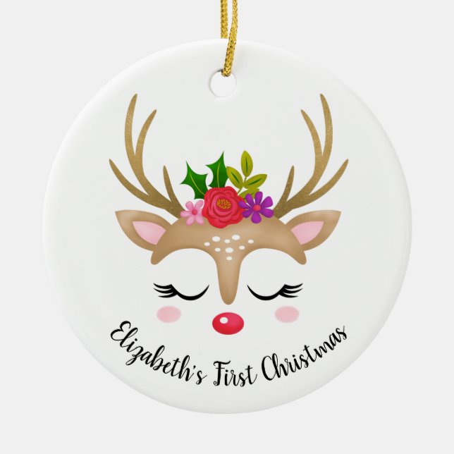 Cute Reindeer Babys First Christmas Ceramic Ornament (Front)
