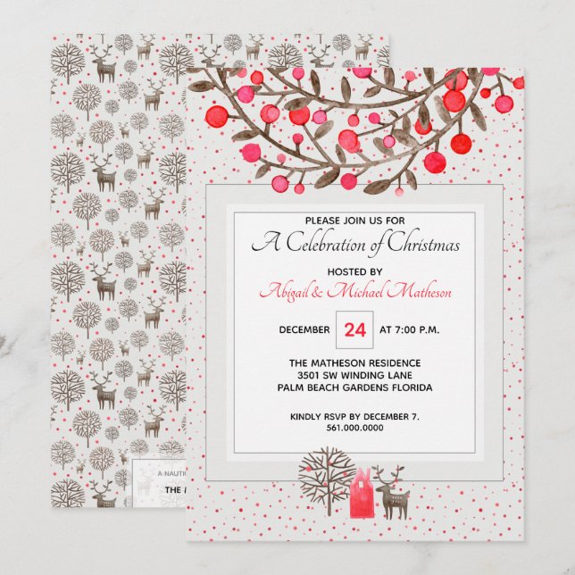 Cute Reindeer & Berries Pearl Grey / Custom Colour Invitation (Front/Back)