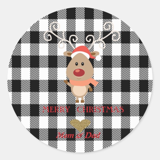 Cute Reindeer Black Buffalo Plaid Classic Round Sticker (Front)