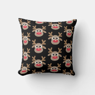Cute Reindeer Cartoon Black Christmas Pattern Throw Pillow