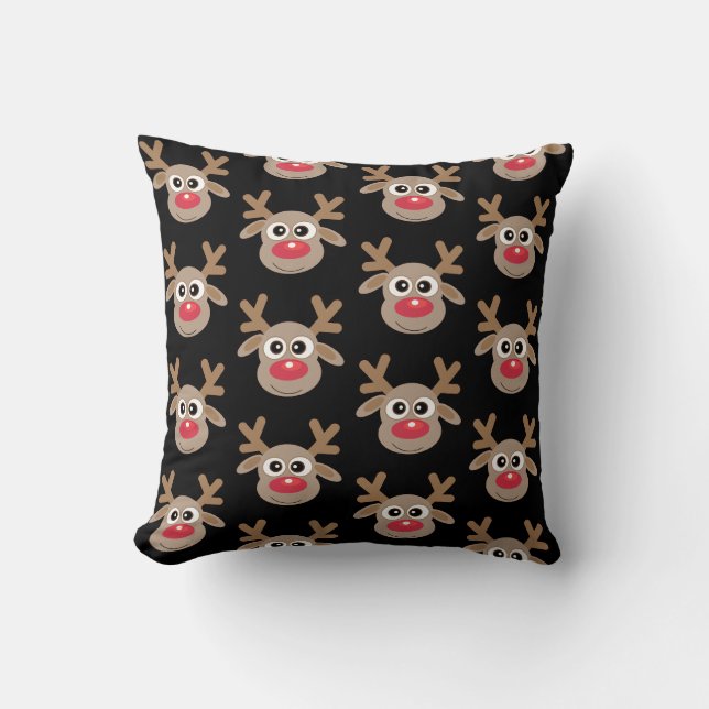 Cute Reindeer Cartoon Black Christmas Pattern Throw Pillow (Front)