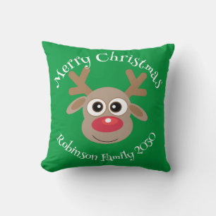 Cute Reindeer Cartoon Green Christmas Throw Pillow