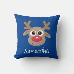 Cute Reindeer Cartoon Name Blue Christmas Throw Pillow