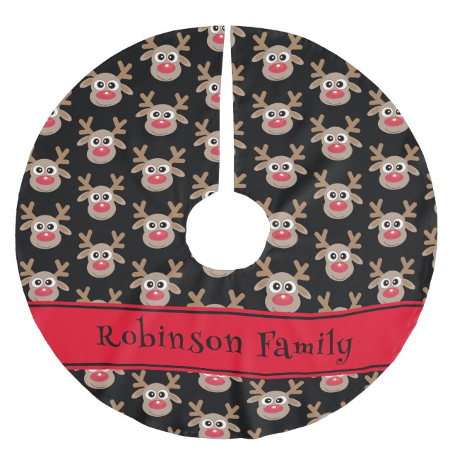 Cute Reindeer Cartoon Pattern Red Black Brushed Polyester Tree Skirt (Front)