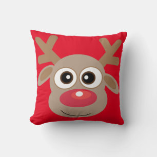 Cute Reindeer Cartoon Red Christmas Throw Pillow