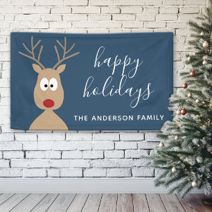 Cute Reindeer Cartoon with Family Greeting blue Banner