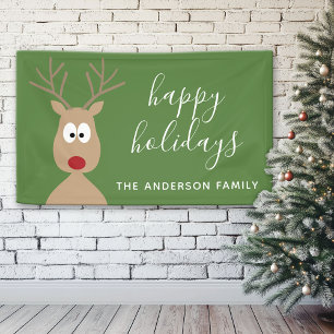 Cute Reindeer Cartoon with Family Greeting green Banner