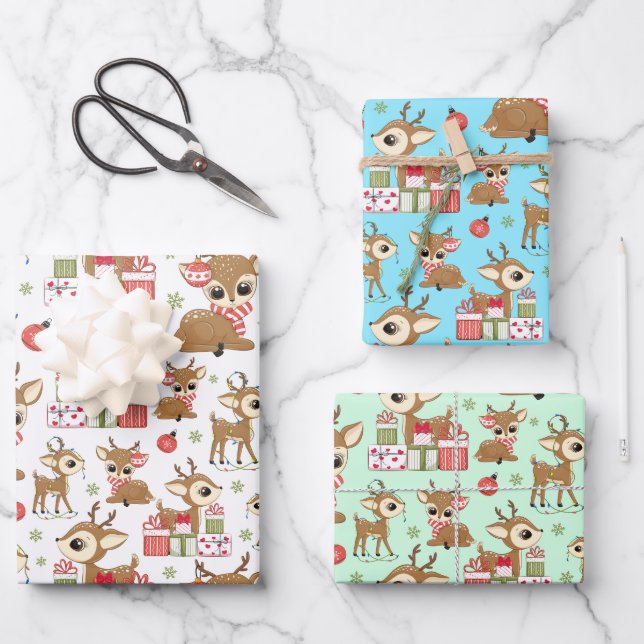 Cute Reindeer Christmas Gift Ornament Snowflake Wrapping Paper Sheet (Front)