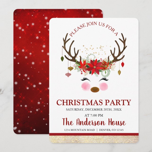 Cute Reindeer Christmas Holiday Dinner Party Invitation (Front/Back)
