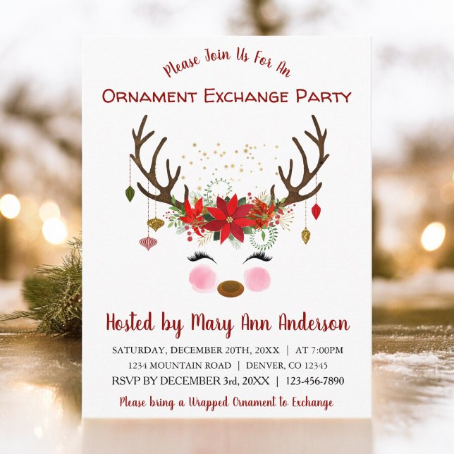 Cute Reindeer Christmas Ornament Exchange Party Postcard (Creator Uploaded)