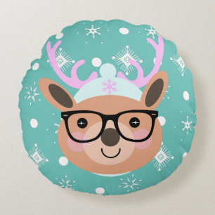 Cute Reindeer Christmas Party Scarf Hat Glasses    Round Pillow
