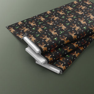 Cute Reindeer Christmas Pattern   Black Fabric