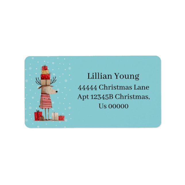 Cute Reindeer Christmas Present Stack Blue Label (Front)