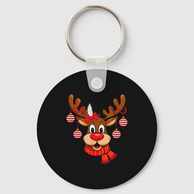 Cute Reindeer Christmas Red Nose Rudolph Xmas Kids Keychain (Front)
