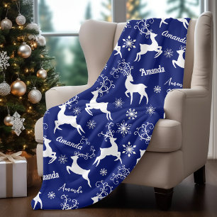 Cute reindeer Christmas repeating name blue Fleece Blanket