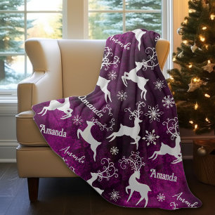 Cute reindeer Christmas repeating name purple  Fleece Blanket