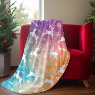 Cute reindeer Christmas repeating name rainbow  Fleece Blanket