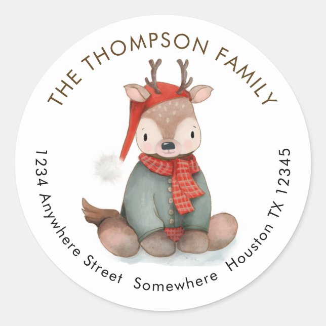 Cute Reindeer Christmas Return Name Address Classic Round Sticker (Front)