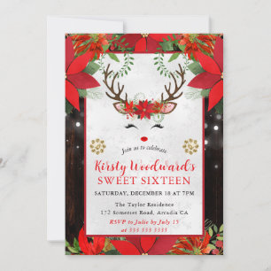 Cute Reindeer Christmas Sweet Sixteen Invitation