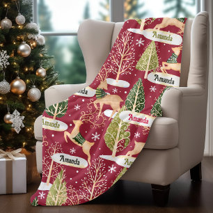Cute reindeer Christmas trees monogram red Fleece Blanket