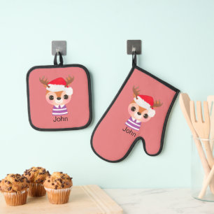 Cute Reindeer Christmas Winter Animal Oven Mitt & Pot Holder Set